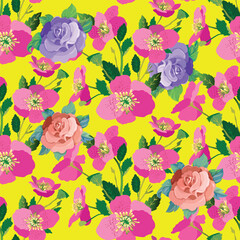 Flat vector pink sakura cherry blossoms seamless pattern texture yellow background.