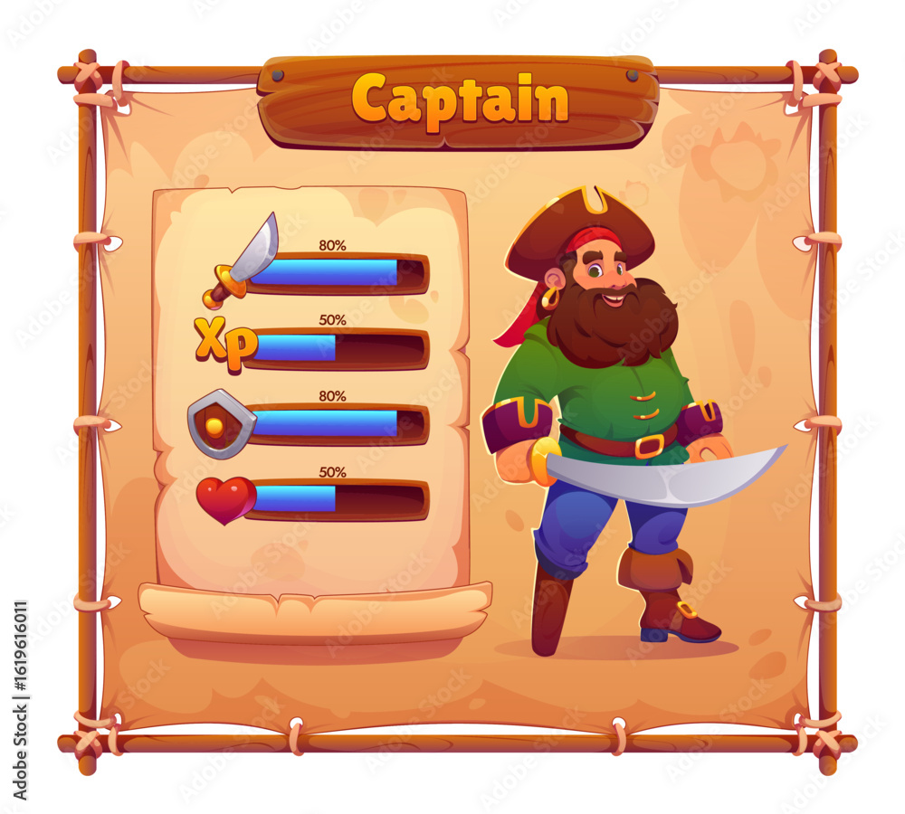 Poster game option window with cartoon pirate crew captain character, vector ui interface. corsair ship sai