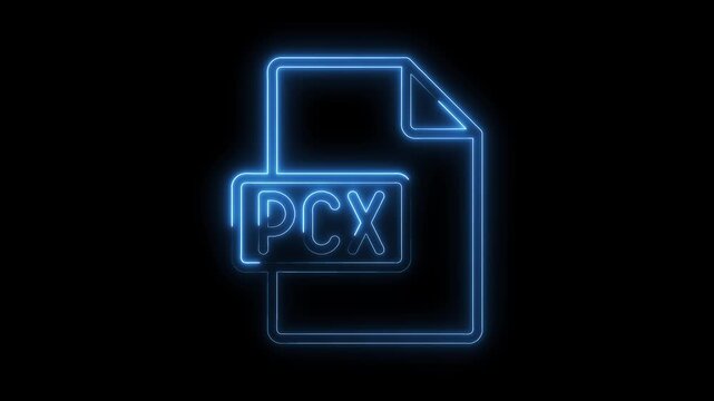 Glowing blue neon P C X file icon animation on black background futuristic digital technology symbol bright