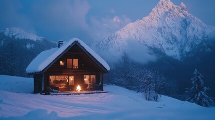Fototapeta premium Cozy wooden chalet nestled in snowy mountains at twilight, warm fire glowing outside.