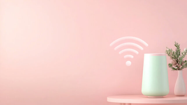 Smart speaker with Wi-Fi icon on pastel pink background