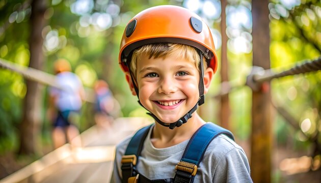 Happy boy in helmet smiles at ropes course - Powered by Adobe