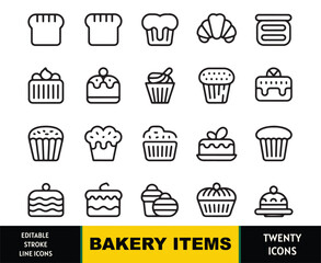 Collection of twenty black outline icons depicting various bakery items and baked goods on a white background