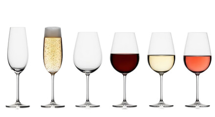 Linear row of six crystal wine glasses, empty and filled with champagne, red, white, ros&eacute; wines, on a white studio background with bright, diffuse lighting, sharp focus. Concept for elegant