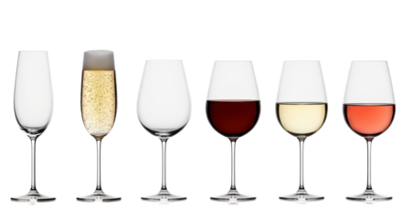 Linear row of six crystal wine glasses, empty and filled with champagne, red, white, rosé wines, on a white studio background with bright, diffuse lighting, sharp focus. Concept for elegant