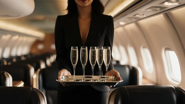 Elegant flight attendant serving champagne on a private jet for luxury travel