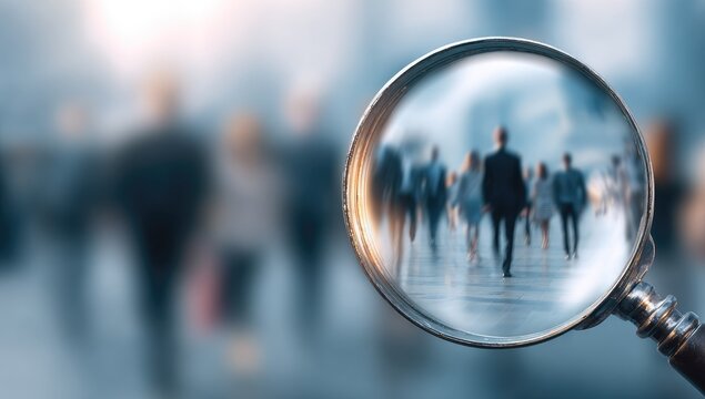 A close-up of a magnifying glass focusing on a group of people walking, blurred background suggests a busy city street