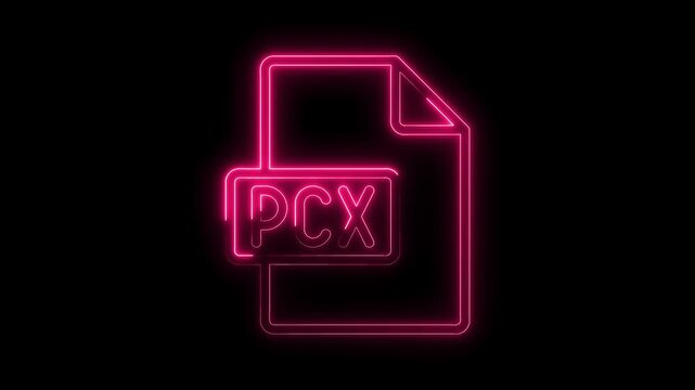 Glowing neon pink P C X file icon on black background futuristic digital technology symbol bright