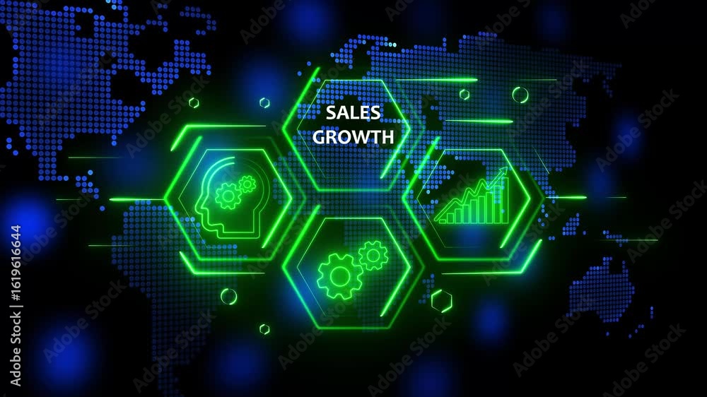 Poster technology business managements. glowing neon text sales growth with alpha channel. technology and n