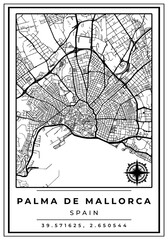 Downtown Street Maps of Palma de Mallorca City Spain, Black and White Modern Poster with Location Coordinate and Compass Position, Wall Art Home Decor Ready to Printable