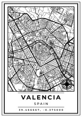 Downtown Street Maps of Valencia City Spain, Black and White Modern Poster with Location Coordinate and Compass Position, Wall Art Home Decor Ready to Printable