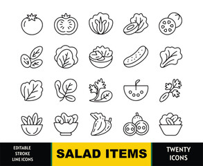 Collection of twenty editable stroke line icons featuring salad ingredients and bowls food vegetables