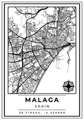 Downtown Street Maps of Malaga City Spain, Black and White Modern Poster with Location Coordinate and Compass Position, Wall Art Home Decor Ready to Printable