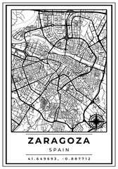 Downtown Street Maps of Zaragoza City Spain, Black and White Modern Poster with Location Coordinate and Compass Position, Wall Art Home Decor Ready to Printable