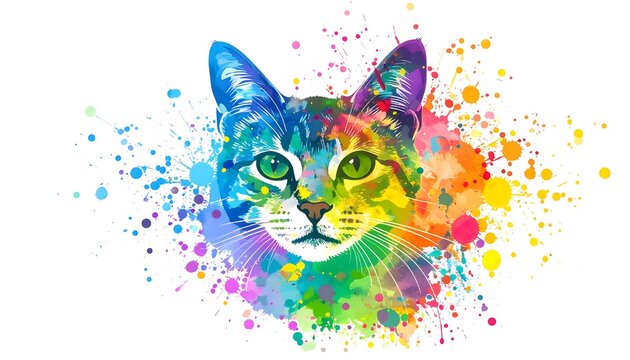 Colorful cat portrait with vibrant splashes