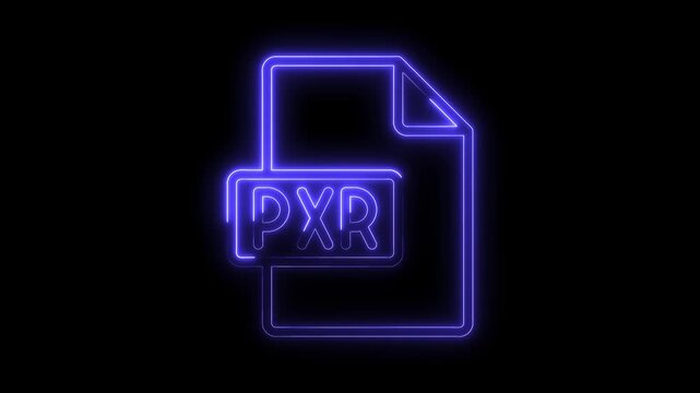 Glowing neon P X R file icon symbol bright blue light on black background futuristic technology digital