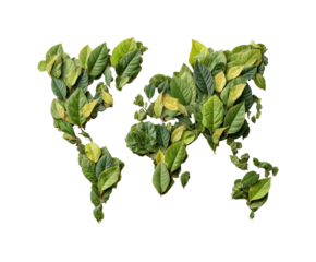Nature's world map leaf installation exhibition eco-friendly concept isolated on transparent background, png