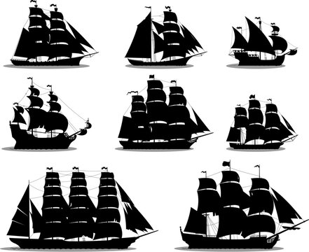 Fototapeta Pirate ships vector silhouettes of vintage sailboats and sailships with black sails, flags and masts. Medieval pirate corsair battle ships, marine robber old caravel, galleon, brigantine and barque
