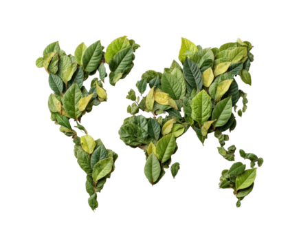 Nature's world map leaf installation exhibition eco-friendly concept isolated on transparent background, png
