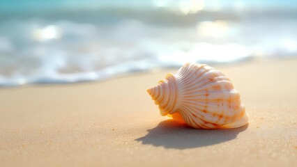 Single spiral seashell on sunny sandy beach by ocean waves