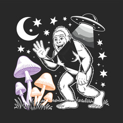 Playful Bigfoot Under Moonlight with Colorful Mushrooms