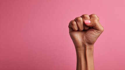 A hand with a closed fist is prominently displayed against a pink background, symbolizing strength and unity in the fight for feminism and gender equality at a protest for women's rights.