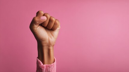 A hand with a closed fist is prominently displayed against a pink background, symbolizing strength and unity in the fight for feminism and gender equality at a protest for women's rights.