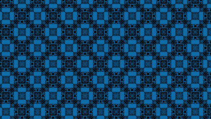 Detailed blue and black geometric pattern with intricate square tile arrangements and floral accents