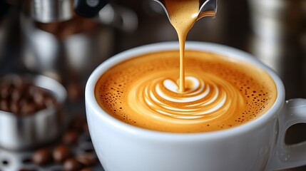 Aromatic coffee being poured into a cup with latte art.
