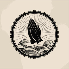 Vintage Circular Emblem with Praying Hands and Waves