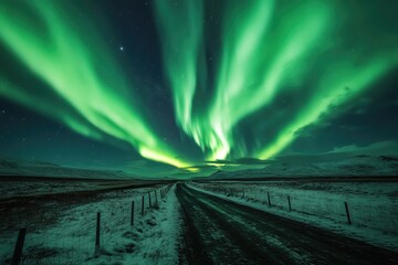 Aurora borealis over a winter road. Vast green aurora borealis curtains illuminate the night sky above a snow-covered road, stretching across a landscape of hills.