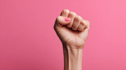 A hand with a closed fist is prominently displayed against a pink background, symbolizing strength and unity in the fight for feminism and gender equality at a protest for women's rights.