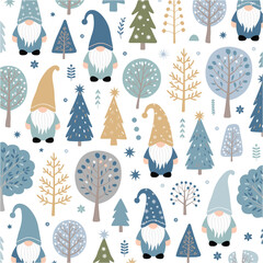 Whimsical Winter Gnomes and Trees Pattern Illustration