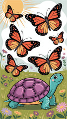 Whimsical Purple Turtle Surrounded by Colorful Butterflies