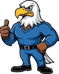 Muscular cartoon eagle character in blue outfit with thumbs-up gesture, white head, yellow beak, confident stance, vector CAD illustration