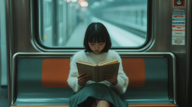 Young woman reading a book alone in subway train seat - Powered by Adobe