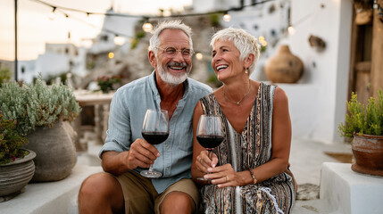 Happy senior couple toasting red wine glasses while sitting on terrace at home
