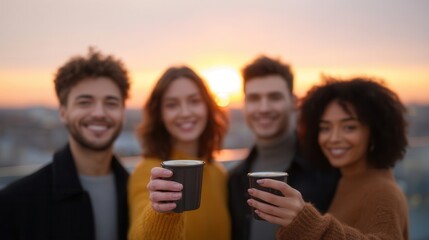 Fototapeta premium Golden Hour Coffee: Four smiling individuals enjoy a serene moment of unity as they toast with coffee cups at the tranquil sunset, creating a warm and inviting atmosphere.
