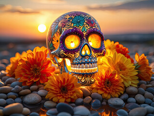 A tranquil sunset composition showing a small teal glass jar filled with clear water, holding a single yellow chamomile flower. The jar rests gently on a lined, tan notebook with a soft suede cover, l