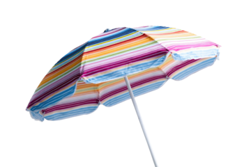 Vibrant striped beach umbrella angled upward against a black background.  Colorful, rainbow-hued horizontal stripes on the canopy.  Simple, light-colored pole.  Isolated view