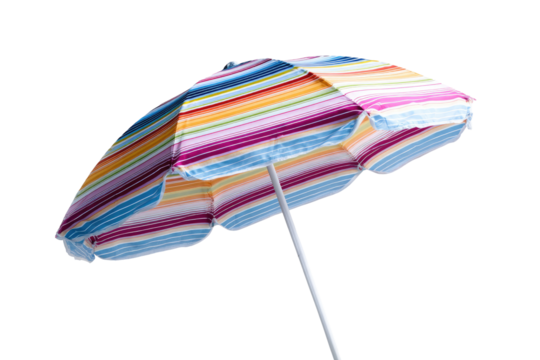 Vibrant striped beach umbrella angled upward against a black background.  Colorful, rainbow-hued horizontal stripes on the canopy.  Simple, light-colored pole.  Isolated view