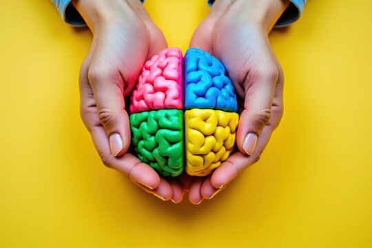 Hands cradle a colorful segmented brain model representing different aspects of cognition