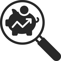 Magnifying glass searching for piggy bank with growth arrow to show saving value and financial planning.