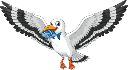 Flying cartoon seagull with spread wings carrying blue fish in beak, ocean bird illustration with orange feet and detailed feathers