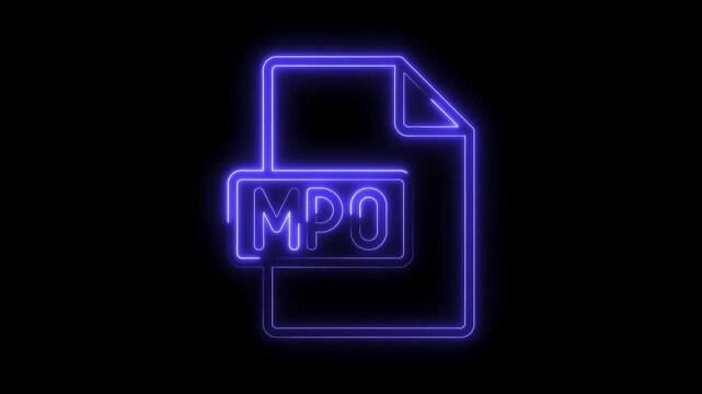 Glowing blue neon M P O file icon symbol isolated on black background futuristic digital technology concept