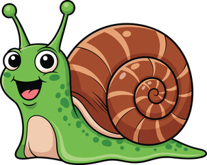 Happy cartoon snail character with brown spiral shell, green spotted body, big eyes, smiling mouth, vector CAD drawing illustration ©  Creative Crafter