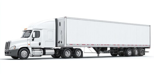 White semi-truck and trailer isolated on white background