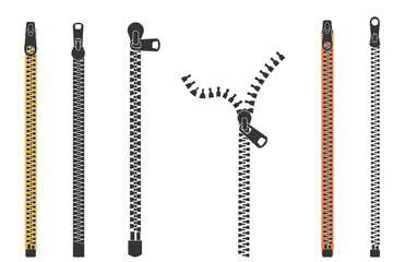 Zipper silhouette, set zipper lock or unlock. Fastener slide with puller. Split cloth pulling zip. Collection Apparel accessories simple drawing. © Alyona