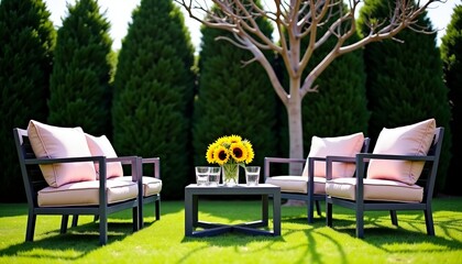 Obraz premium Tranquil Outdoor Seating with Sunflowers Plush Pink Cushions and Green Hedges A Serene Garden Lounge for Relaxation