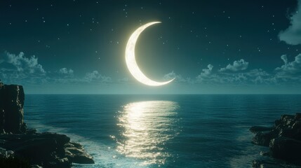 Crescent moon over a calm ocean at night, with rocky shoreline and starry sky.
